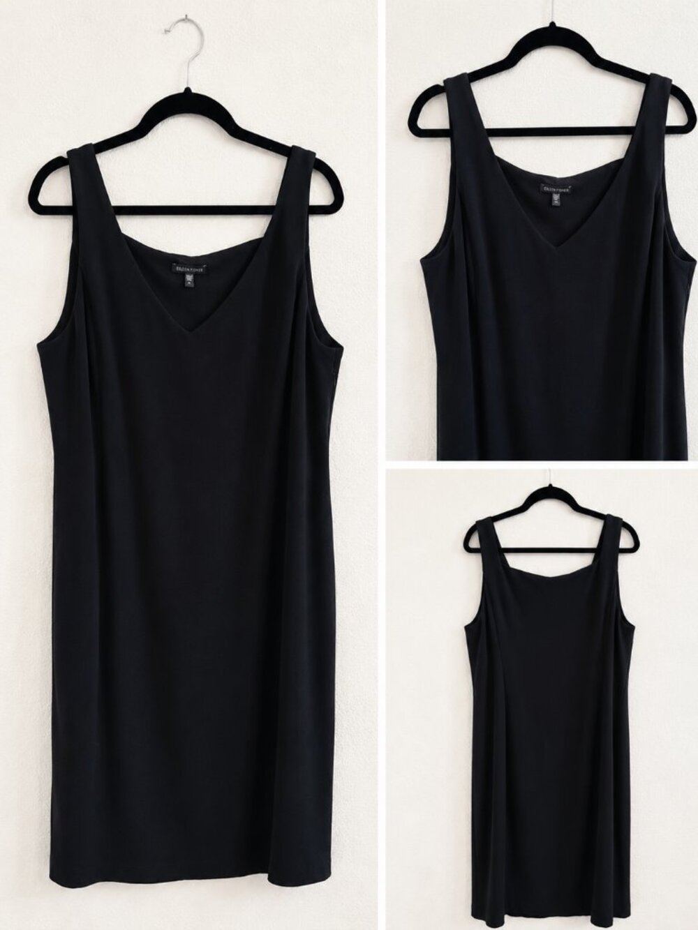 Eileen Fisher Black Ponte V-Neck Sheath Dress | Sleeveless | Size Large | Lined